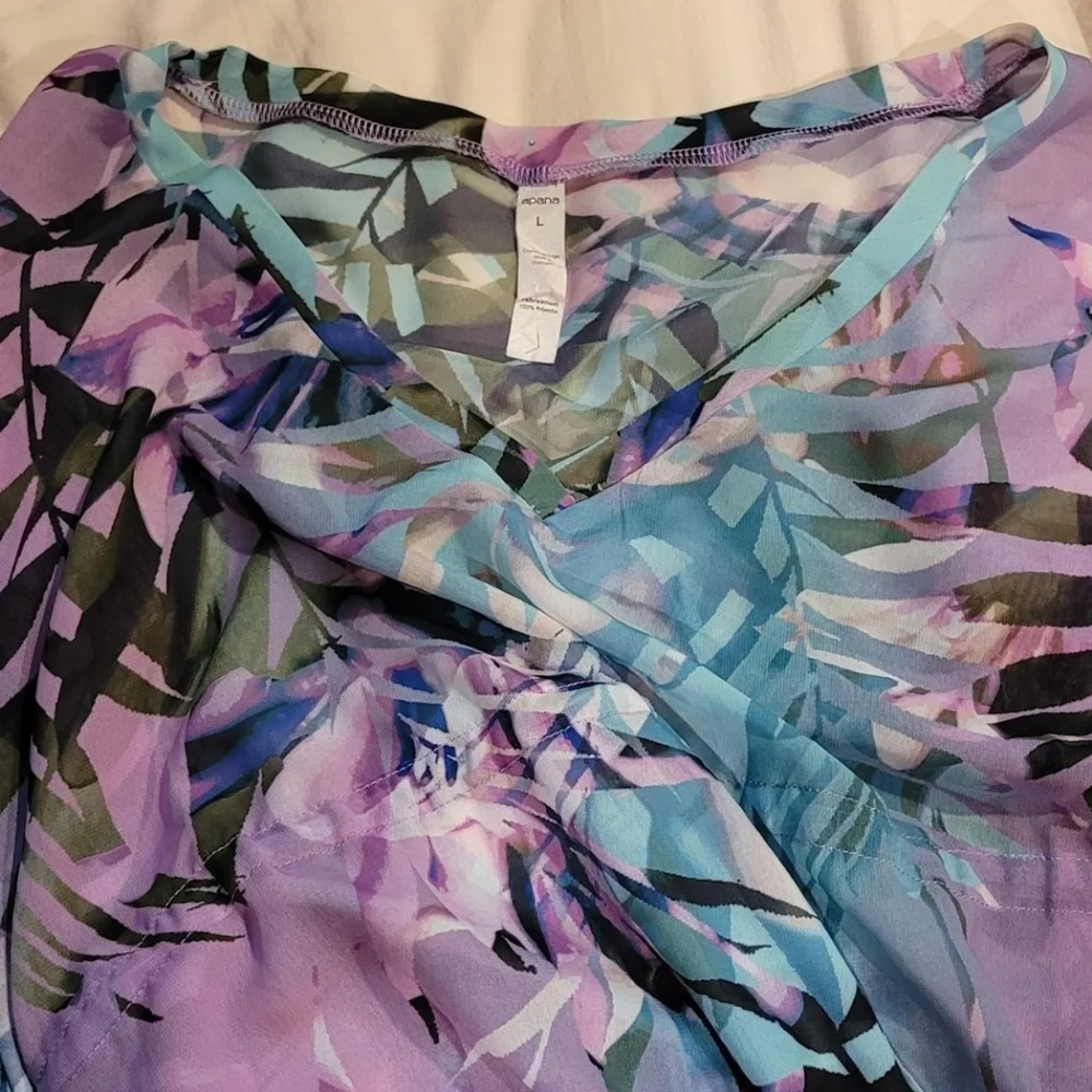 Apana Women's Tropical Leaf Print Sheer Swimsuit Cover Up, Size L, Multicolor